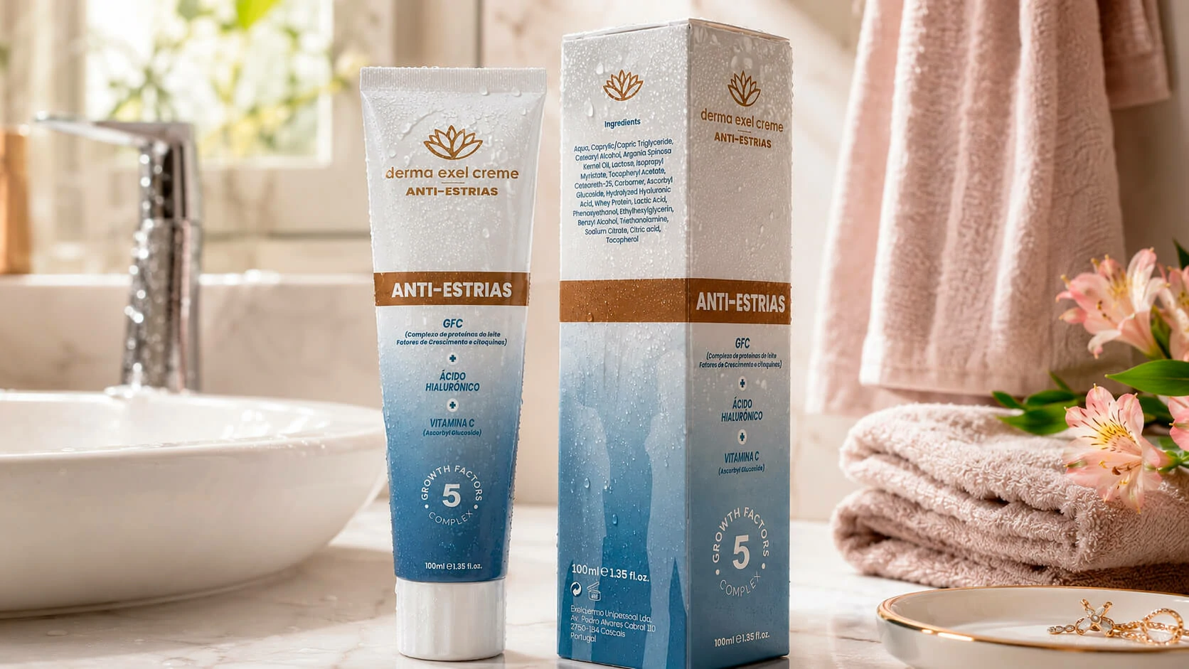 Dermaexel Anti-Estrias product tube and packaging in a bathroom setting
