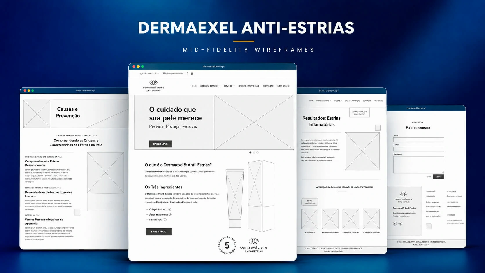 Dermaexel Anti-Estrias mid-fidelity website wireframes