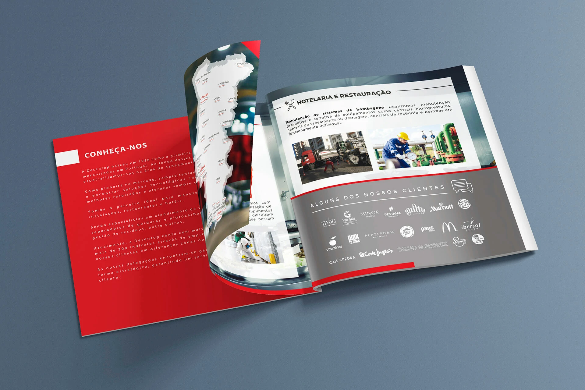 Desentop brochure spread showing services, company presentation and client references
