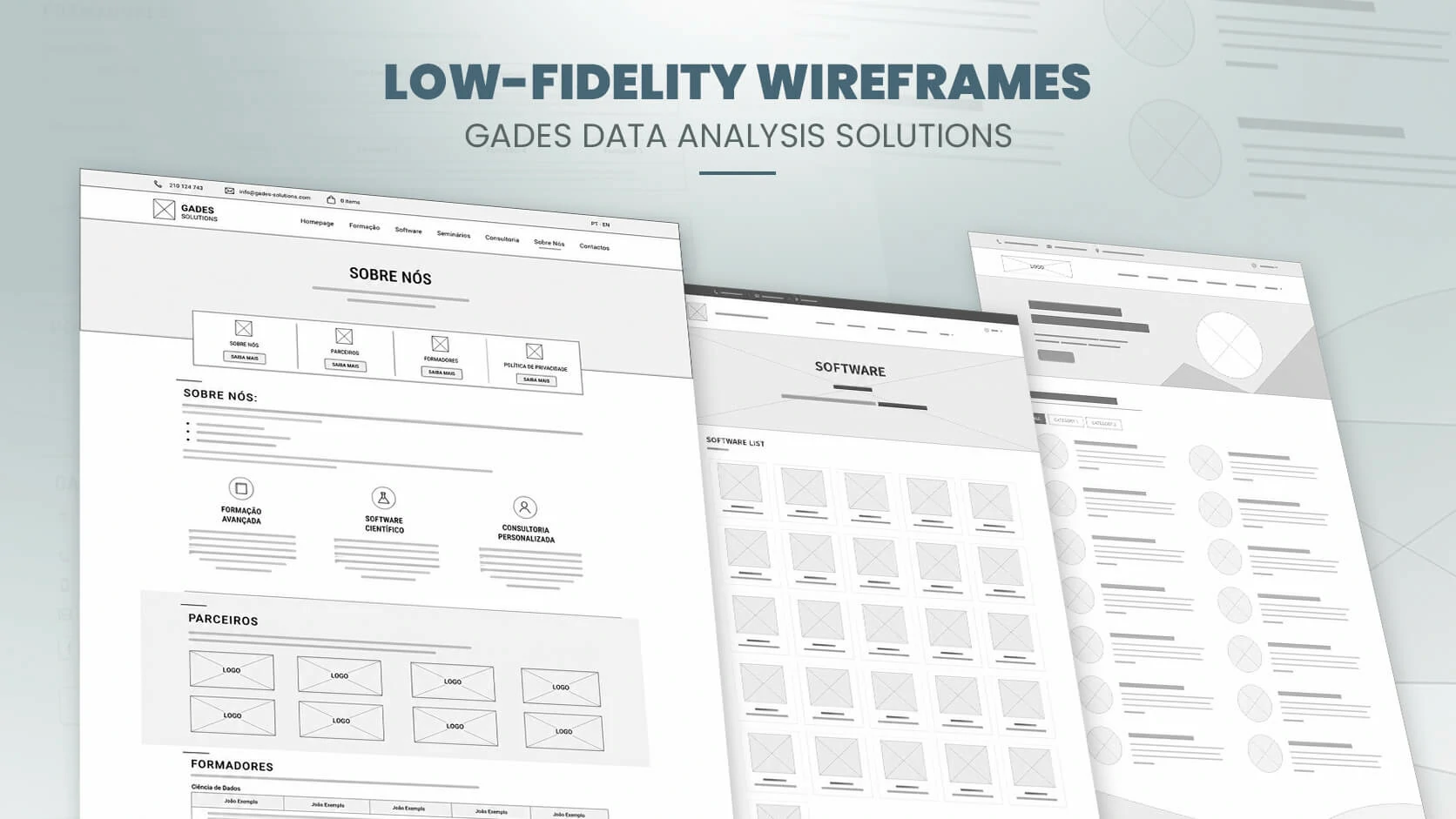 Gades Solutions low-fidelity wireframes for courses, software and content pages