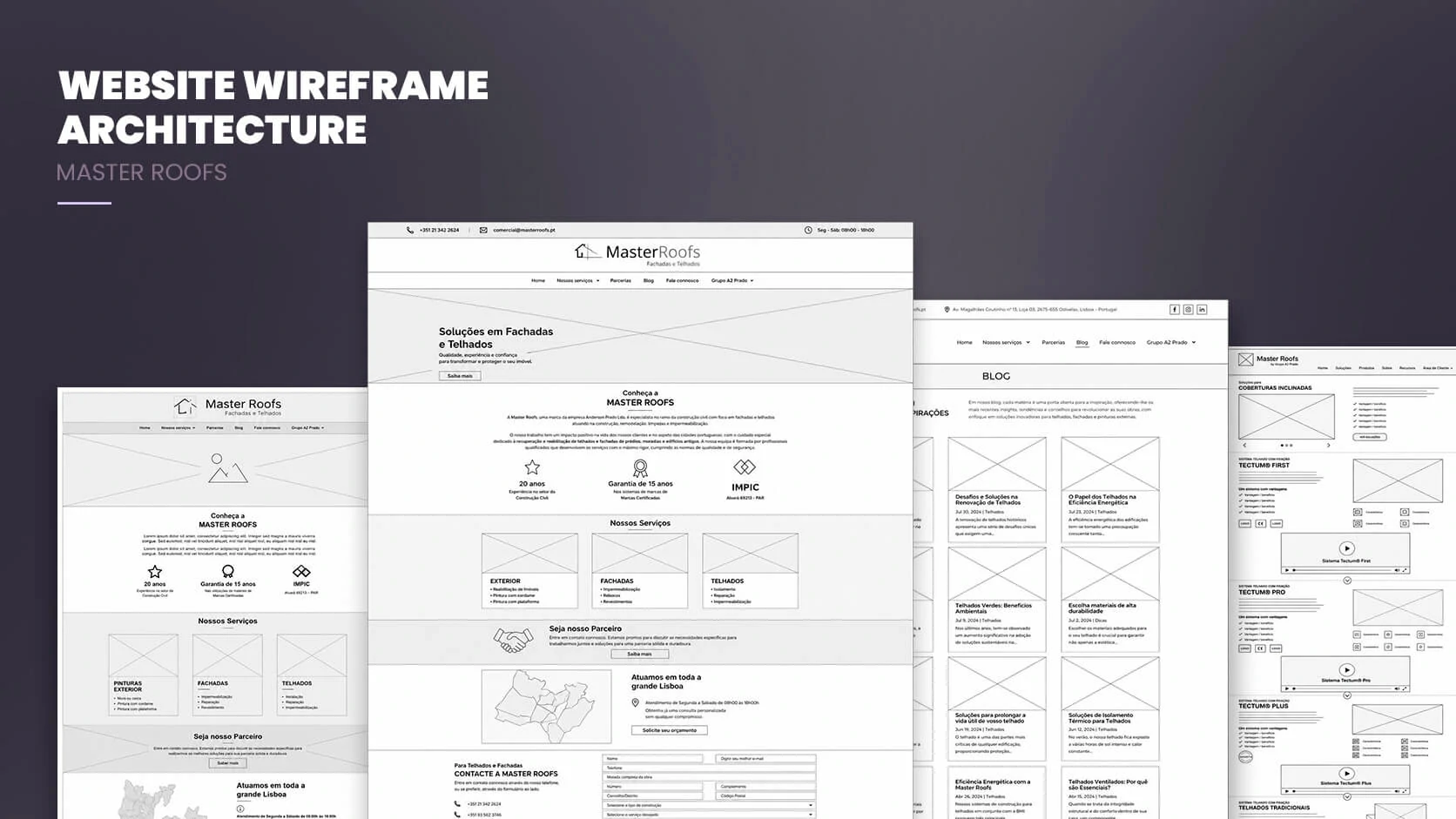 Master Roofs website wireframe architecture for services blog and technical systems