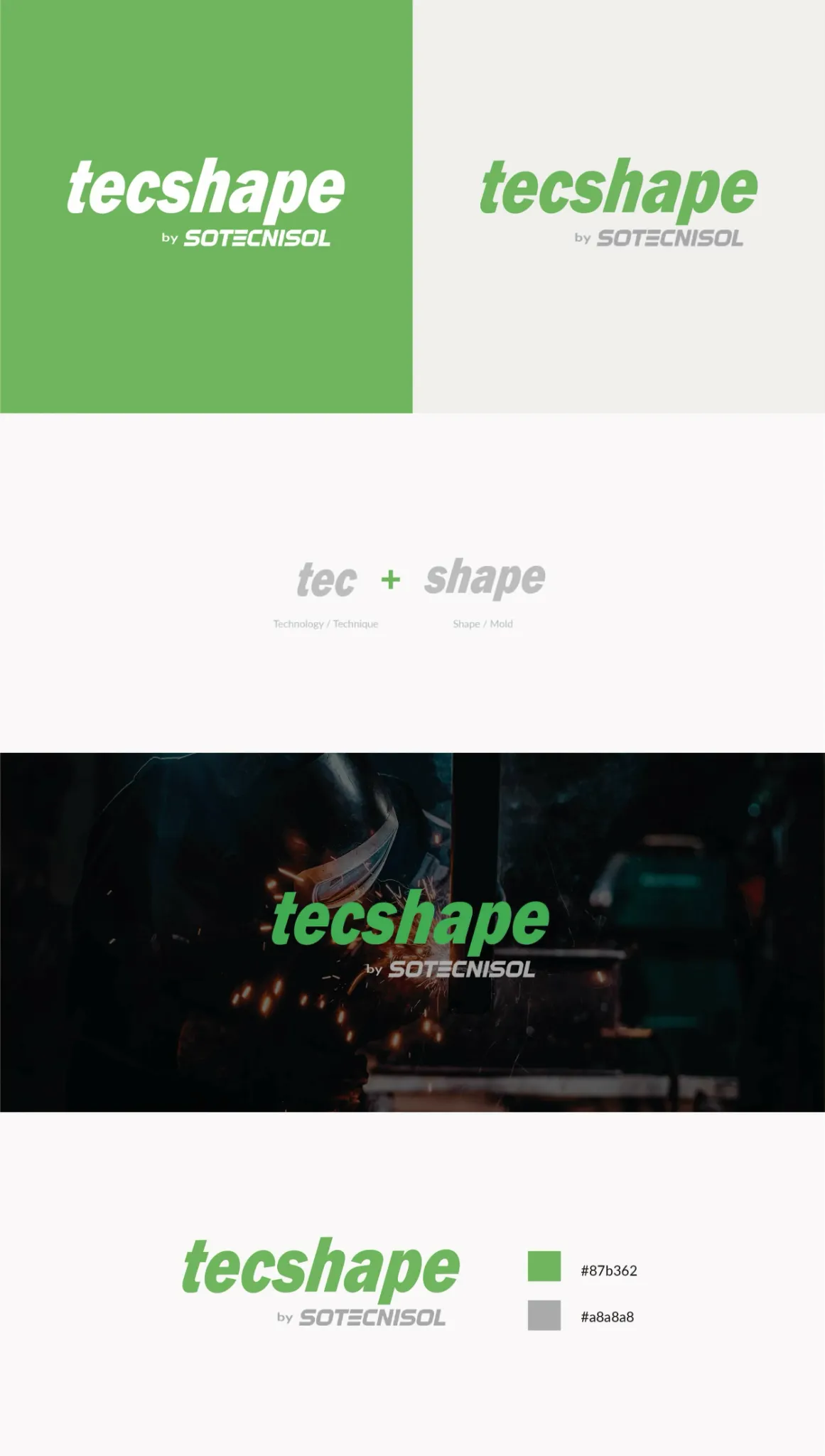 Tecshape mini brand guidelines with logo versions, naming concept, applications and colour palette